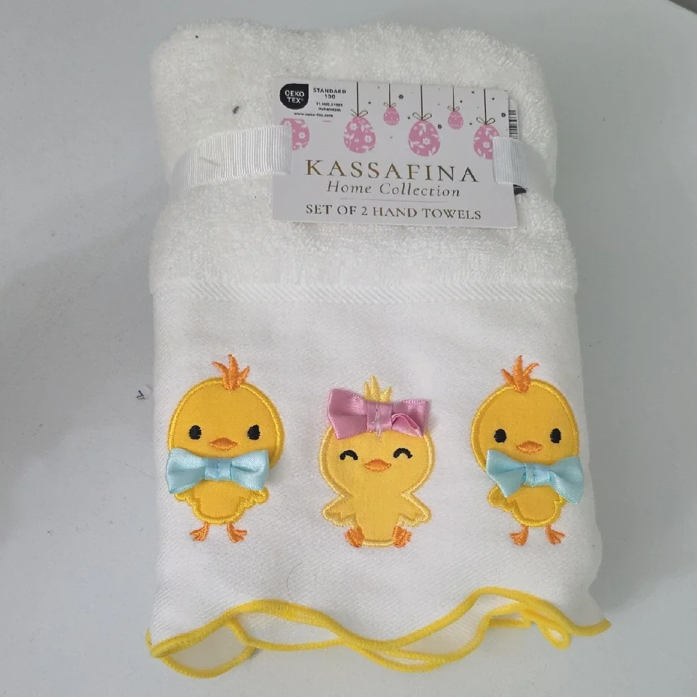 White Hand Towels with Yellow Chick Embroidery - Set of 2